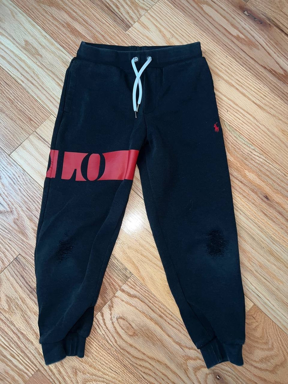 Polo Ralph Lauren Pants 7 yrs Black Joggers Sweatpants Red Logo Fleece A010953